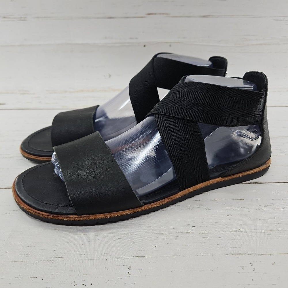 Sorel Ella Sandal Womens 10 Black Cross Strap Stretch Leather Flats NL2893-010‎